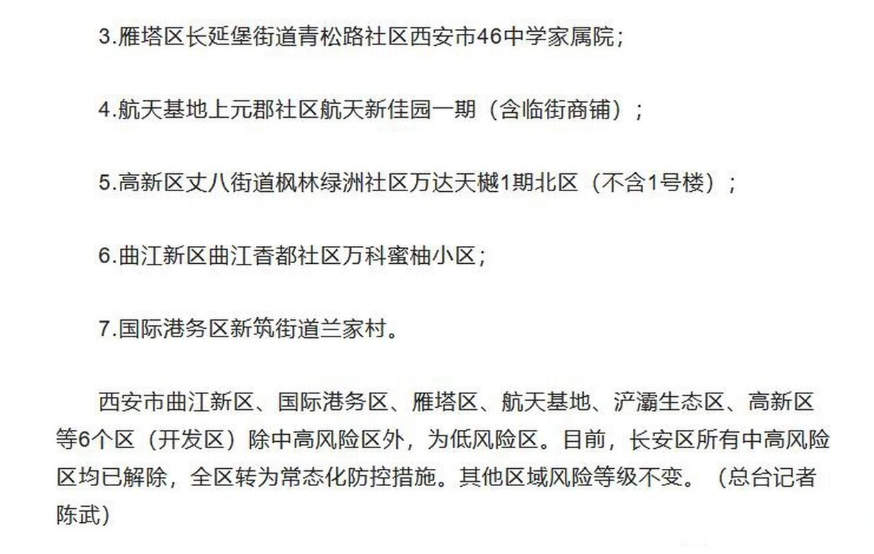 西安市高风险地区最新名单，今天哪里又降为低风险